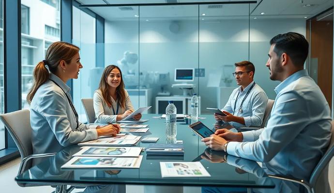 Un equipo de profesionales médicos en una sala de conferencias moderna discutiendo el análisis de mercado y brindando consejos de planificación para nuevos hospitales, clínicas y departamentos. La consulta se centra en comprender el equipo y los recursos necesarios, con expertos que brindan orientación sobre la selección y compra de equipos médicos.