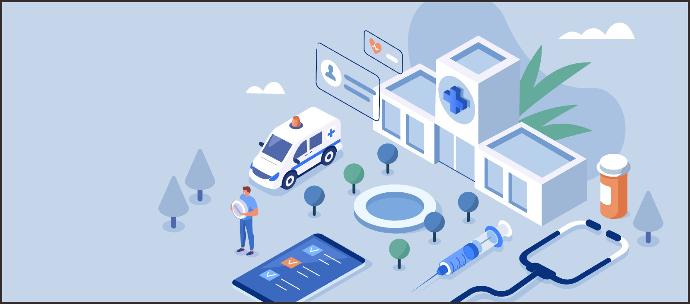 Illustration représentant un hôpital avec des éléments médicaux environnants tels qu'une ambulance, une seringue, un stéthoscope et des icônes promotionnelles, représentant des stratégies visant à accroître la visibilité locale à travers des services de promotion sur le marché et de conception publicitaire.