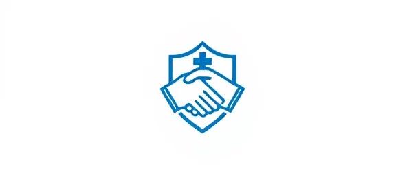 Ícono azul y blanco que representa un apretón de manos dentro de un escudo, coronado con una cruz médica, simbolizando confianza y asociación en el cuidado de la salud, enfatizando el valor de convertirse en un socio médico confiable para hospitales y clínicas.