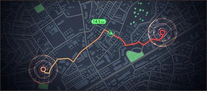 Digital map showing a goods tracking route with real-time location updates. The image represents comprehensive follow-up services from order confirmation to delivery, featuring real-time tracking and professional customer service to ensure timely and accurate shipment arrival