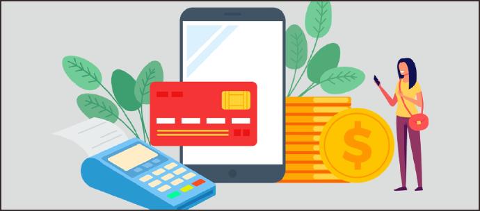 Illustration showing payment and compensation process, featuring a credit card, a payment terminal, and a mobile device. The image represents the damage compensation service, emphasizing quick reporting and swift handling of compensation requests to provide replacements or refunds in case of transportation damage