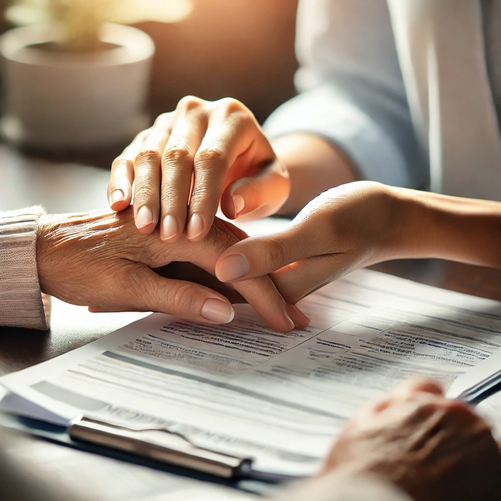 a supplier assisting an elderly customer with paperwork