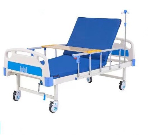 [CC23020302] lit d'hôpital simple fonction (relevage du dossier uniquement) + tête de lit ABS + matelas + garde-corps + table à manger + roues + support de perfusio
