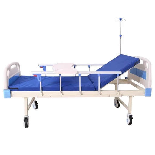 [CCF-JFPB-9] Cama de hospital de ABS de función única + colchón + barandilla + tabla de comedor + ruedas + soporte para infusiones